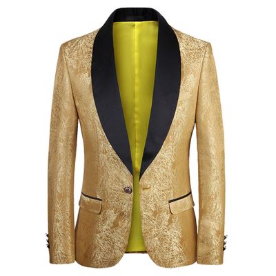 Men's Shawl Lapel Suit Blazer Jacket Embroidered Tuxedo Wedding Blazer One Button Dress Jacket for Dinner,Prom,Party (54,Yellow)