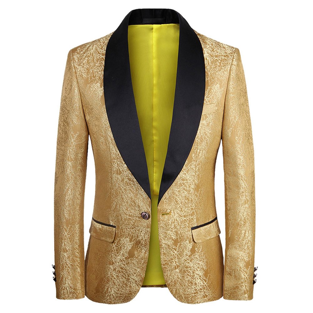Men's Shawl Lapel Suit Blazer Jacket Embroidered Tuxedo Wedding Blazer One Button Dress Jacket for Dinner,Prom,Party (54,Yellow)