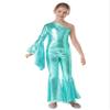 ACSUSS Kids Girls Metallic Gymnastic Leotard One Shoulder Bell-bottom Flared Jumpsuit Romper Dance Pageant Party Gown Blue Green 10 Years view 1