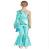 ACSUSS Kids Girls Metallic Gymnastic Leotard One Shoulder Bell-bottom Flared Jumpsuit Romper Dance Pageant Party Gown Blue Green 10 Years view 2