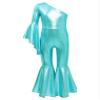 ACSUSS Kids Girls Metallic Gymnastic Leotard One Shoulder Bell-bottom Flared Jumpsuit Romper Dance Pageant Party Gown Blue Green 10 Years view 3