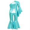 ACSUSS Kids Girls Metallic Gymnastic Leotard One Shoulder Bell-bottom Flared Jumpsuit Romper Dance Pageant Party Gown Blue Green 10 Years view 4