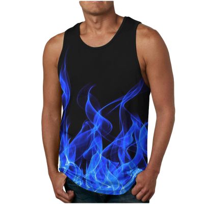 Generic Men's Tank Tops Summer Sleeveless Tee Cool Workout T-Shirts Beach Athletic Undershirts Flame Printed Bodybuilding Gym Shirt, Large, Blue