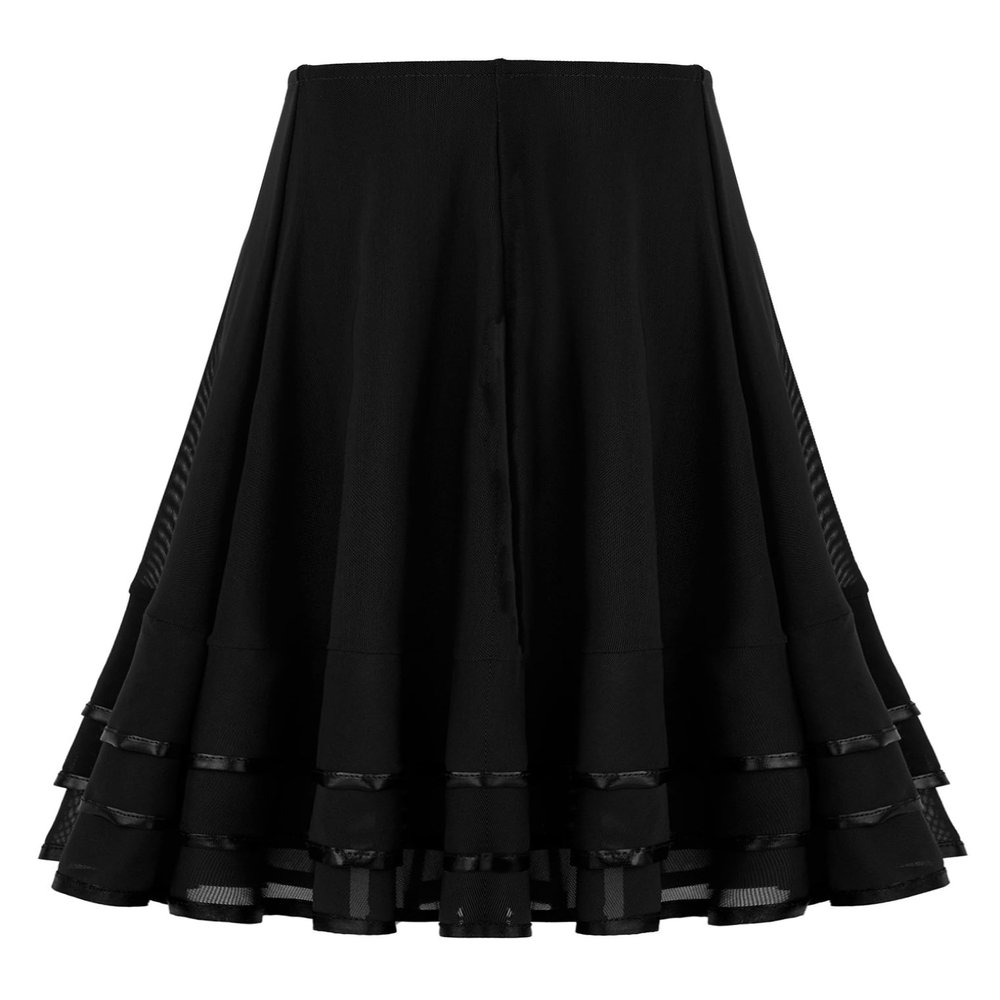 ACSUSS Kids Girls Ballroom Dance Skirt Mesh Swing Latin Cha Cha Flamenco Dance Skirts Competition Costume Dancewear Black 10 Years