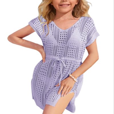 Haloumoning Girls Crochet Swim Beach Cover Up Short Sleeve Swimsuits Long Beach Dress 5-14 Years