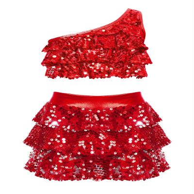 Miutii Kids Girls 2 Piece Dance Outfits Set Sequins One Shoulder Crop Top with Skirt Jazz Latin Ballroom Costume Red 14 Years