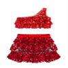 Miutii Kids Girls 2 Piece Dance Outfits Set Sequins One Shoulder Crop Top with Skirt Jazz Latin Ballroom Costume Red 14 Years view 3