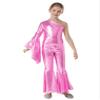 ACSUSS Kids Girls Metallic Gymnastic Leotard One Shoulder Bell-bottom Flared Jumpsuit Romper Dance Pageant Party Gown Pink 6 Years view 1