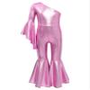 ACSUSS Kids Girls Metallic Gymnastic Leotard One Shoulder Bell-bottom Flared Jumpsuit Romper Dance Pageant Party Gown Pink 6 Years view 3