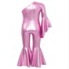 ACSUSS Kids Girls Metallic Gymnastic Leotard One Shoulder Bell-bottom Flared Jumpsuit Romper Dance Pageant Party Gown Pink 6 Years view 4