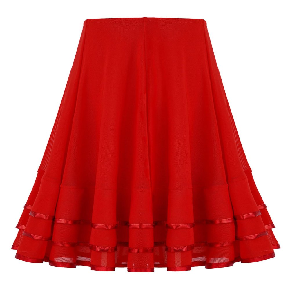 ACSUSS Kids Girls Ballroom Dance Skirt Mesh Swing Latin Cha Cha Flamenco Dance Skirts Competition Costume Dancewear Red 10 Years