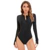 FYMNSI Rash Guard Swimsuit Women Long Sleeve Swimsuits Zip Up Rashguard Shirts One Piece Bathing Suit Cut Out Bikini Bottoms UV Sun Protection Surfing Athletic Padded Swimwear Black - Hollow Out S view 2