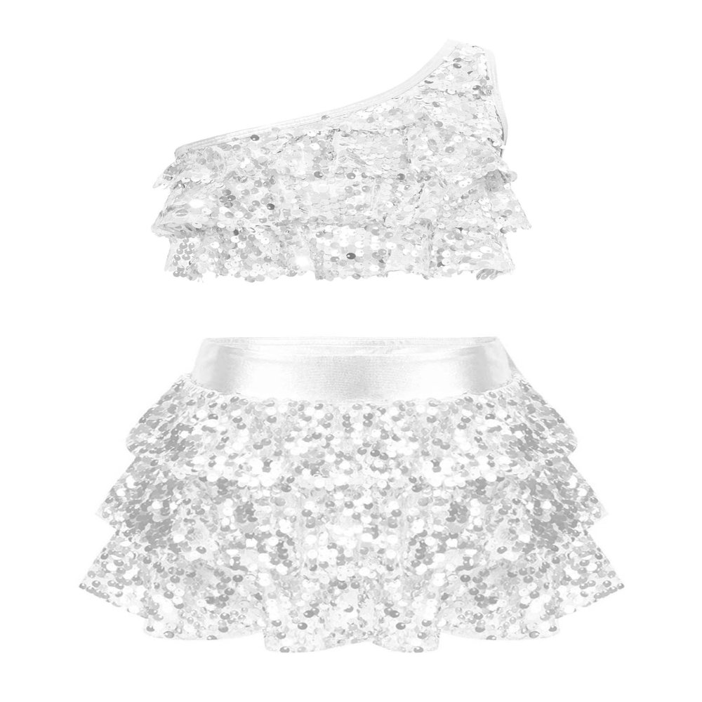 Miutii Kids Girls 2 Piece Dance Outfits Set Sequins One Shoulder Crop Top with Skirt Jazz Latin Ballroom Costume Silver 14 Years