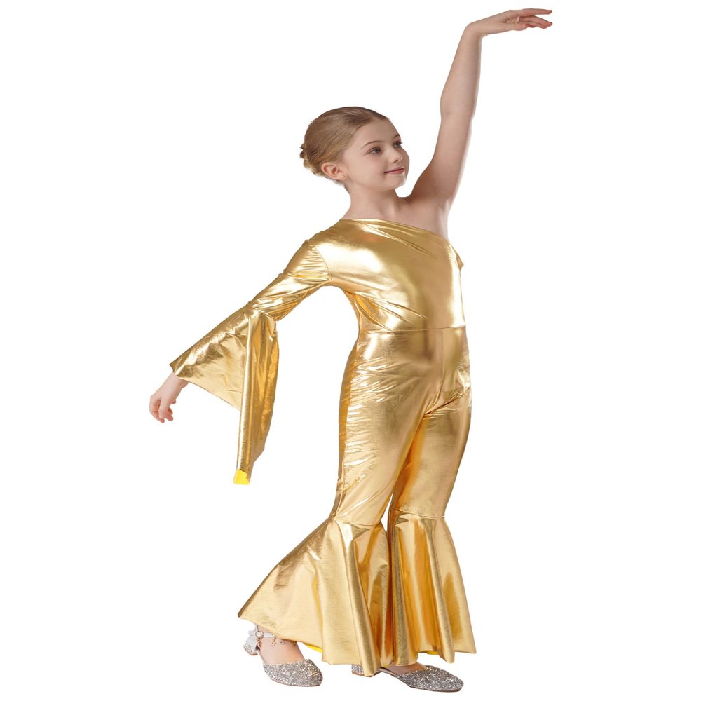 ACSUSS Kids Girls Metallic Gymnastic Leotard One Shoulder Bell-bottom Flared Jumpsuit Romper Dance Pageant Party Gown Gold 14 Years