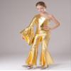 ACSUSS Kids Girls Metallic Gymnastic Leotard One Shoulder Bell-bottom Flared Jumpsuit Romper Dance Pageant Party Gown Gold 14 Years view 2