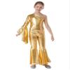 ACSUSS Kids Girls Metallic Gymnastic Leotard One Shoulder Bell-bottom Flared Jumpsuit Romper Dance Pageant Party Gown Gold 14 Years view 3