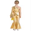 ACSUSS Kids Girls Metallic Gymnastic Leotard One Shoulder Bell-bottom Flared Jumpsuit Romper Dance Pageant Party Gown Gold 14 Years view 4