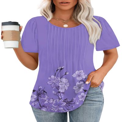 Summer Blouses for Women Dressy Casual Floral Short Sleeve Tops Trendy Oversized T Shirts Purple 2XL