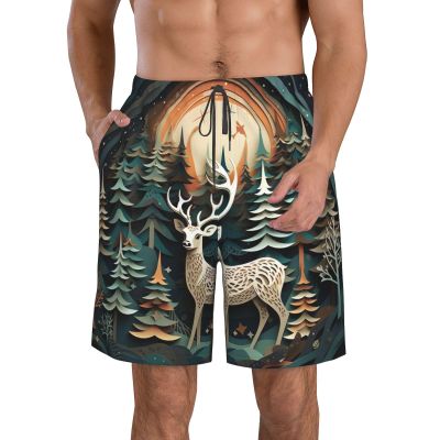 Christmas Deer Men's Standard Quick Dry Swim Trunk,Casual Mens Swim Trunks with Mesh Lining White