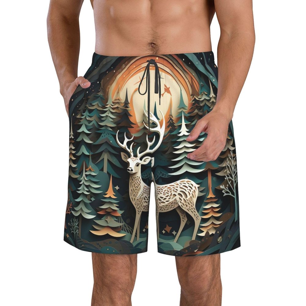 Christmas Deer Men's Standard Quick Dry Swim Trunk,Casual Mens Swim Trunks with Mesh Lining White