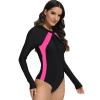 FYMNSI Rash Guard Swimsuit Women Long Sleeve Swimsuits Zip Up Rashguard Shirts One Piece Bathing Suit Cut Out Bikini Bottoms UV Sun Protection Surfing Athletic Padded Swimwear Beachwear Hot Pink L view 1