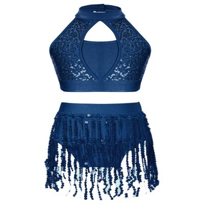 Miaeowve Kids Girls 2Pcs Dance Outfits Sequins Halter Neck Crop Top with Skirted Shorts Jazz Latin Performance Costumes Navy Blue 14 Years