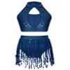 Miaeowve Kids Girls 2Pcs Dance Outfits Sequins Halter Neck Crop Top with Skirted Shorts Jazz Latin Performance Costumes Navy Blue 14 Years view 1