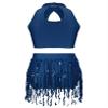 Miaeowve Kids Girls 2Pcs Dance Outfits Sequins Halter Neck Crop Top with Skirted Shorts Jazz Latin Performance Costumes Navy Blue 14 Years view 2