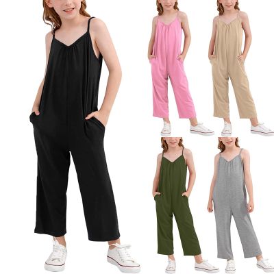 Girls Casual Jumpsuits Kids Sleeveless Spaghetti Straps Romper Long Pants with Pockets Loose Harem (Grey, 12-13 Years)