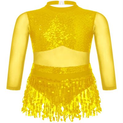 ACSUSS Kids Girls Long Sleeve Latin Ballroom Dance Dress Sequins Tassel Skirt Leotard Modern Jazz Tap Dancewear Gold 12 Years