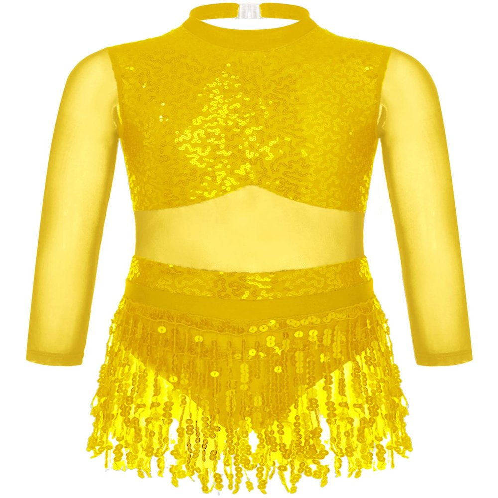 ACSUSS Kids Girls Long Sleeve Latin Ballroom Dance Dress Sequins Tassel Skirt Leotard Modern Jazz Tap Dancewear Gold 12 Years