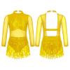 ACSUSS Kids Girls Long Sleeve Latin Ballroom Dance Dress Sequins Tassel Skirt Leotard Modern Jazz Tap Dancewear Gold 12 Years view 3