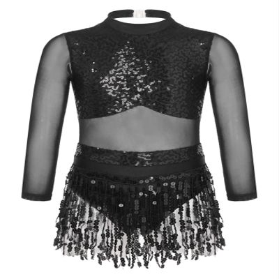 ACSUSS Kids Girls Long Sleeve Latin Ballroom Dance Dress Sequins Tassel Skirt Leotard Modern Jazz Tap Dancewear Black 12 Years