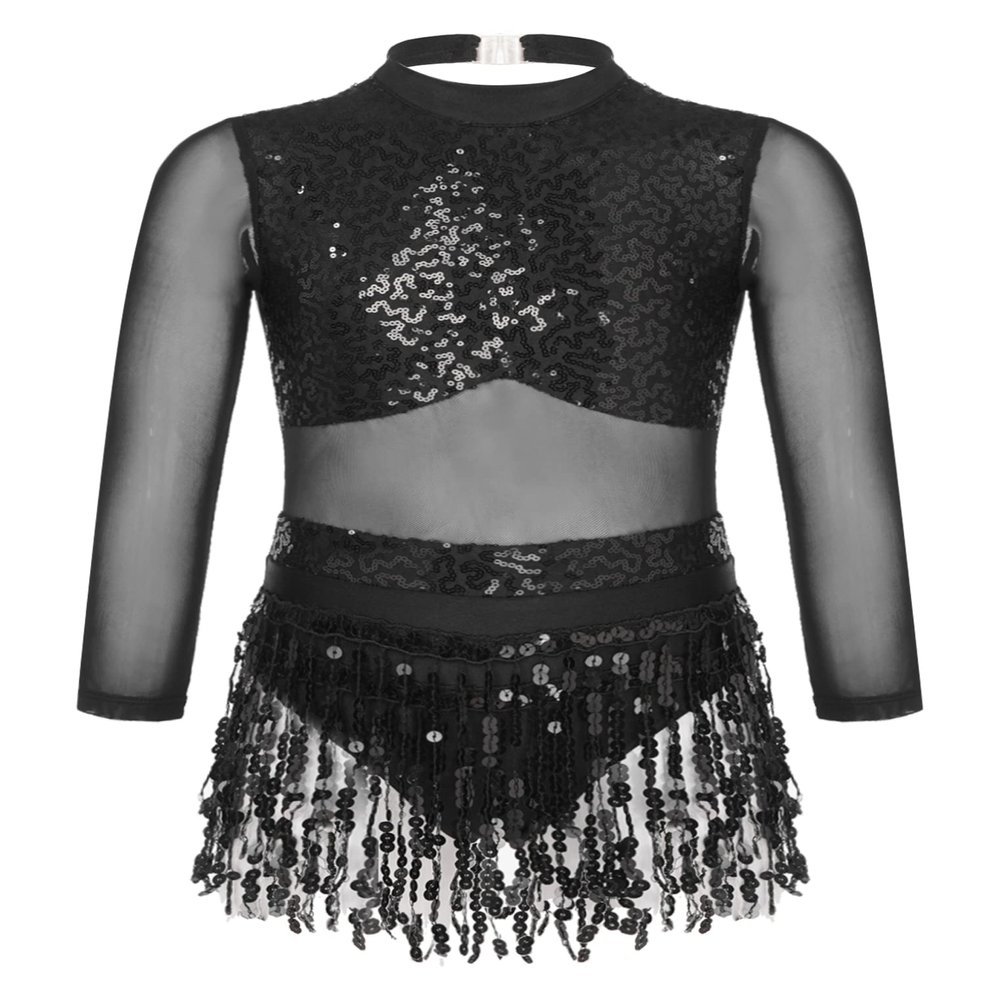 ACSUSS Kids Girls Long Sleeve Latin Ballroom Dance Dress Sequins Tassel Skirt Leotard Modern Jazz Tap Dancewear Black 12 Years