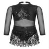 ACSUSS Kids Girls Long Sleeve Latin Ballroom Dance Dress Sequins Tassel Skirt Leotard Modern Jazz Tap Dancewear Black 12 Years view 1