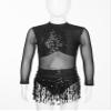 ACSUSS Kids Girls Long Sleeve Latin Ballroom Dance Dress Sequins Tassel Skirt Leotard Modern Jazz Tap Dancewear Black 12 Years view 3