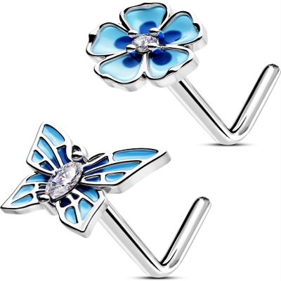 OUFER 2PCS Nose Rings Studs, 316L Surgical Steel 20G Nose Rings L-shaped Silver, Spring Element Butterfly Flower Design Blue Nose Nostril Piercing Jewelry for Women and Men