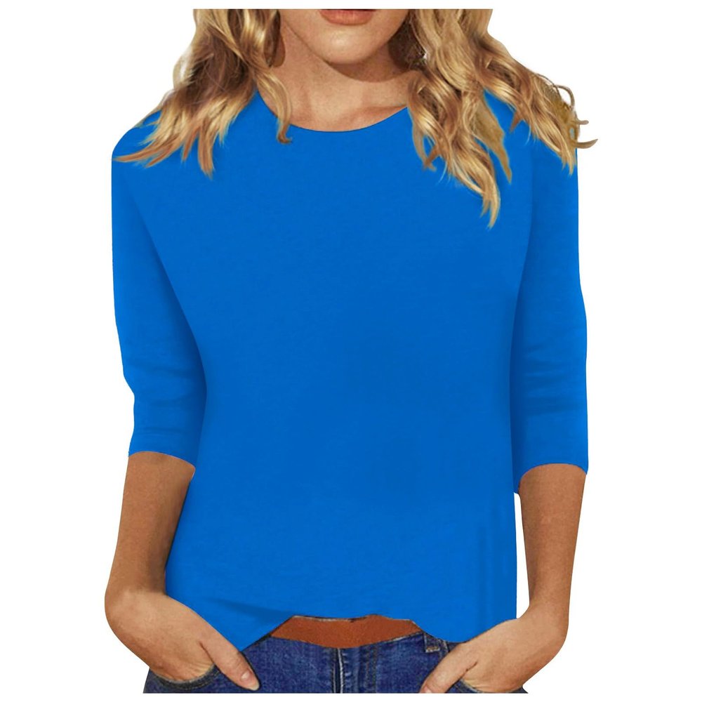 3/4 Sleeve Shirts for Women Womens 3/4 Sleeve Tops and Blouses Dressy Casual Floral Print Crewneck Tshirt Tunic Tops Loose Shirts Graphic Tees Blues Large