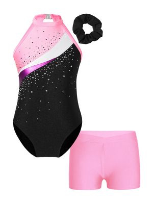 ACSUSS Kids Girls Sleeveless Gymnastic Leotard with Athletic Shorts Hair Scrunchie Biketard Dance Outfits Sets Tracksuit Pink 10 Years