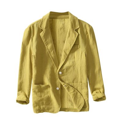 xoxingysm Men's Casual Blazer Jacket Cotton Linen Regular Fit Solid Business Work Shacket Lightweight Sports Golf Coat Spring Fall Button Down Overshirt Yellow