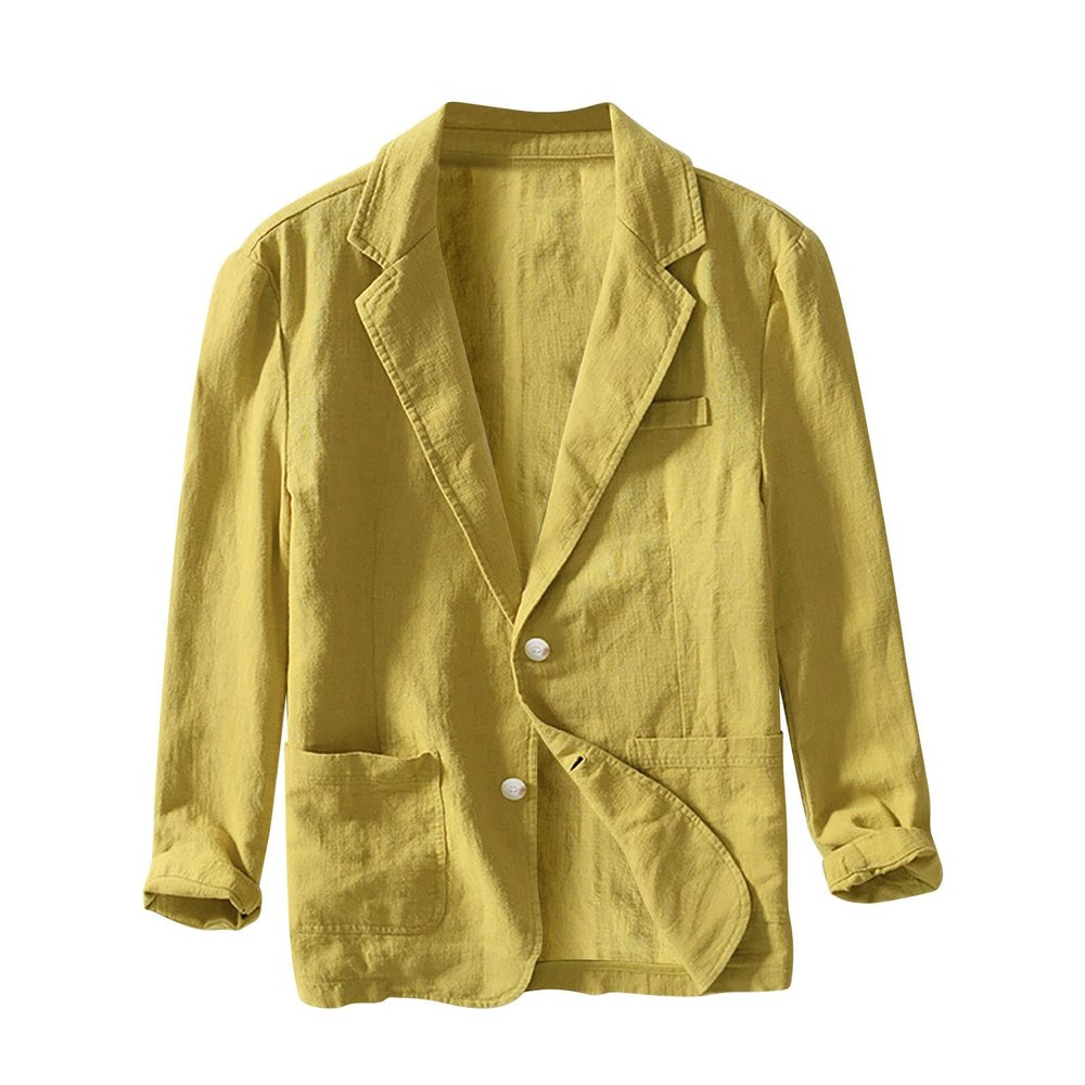 xoxingysm Men's Casual Blazer Jacket Cotton Linen Regular Fit Solid Business Work Shacket Lightweight Sports Golf Coat Spring Fall Button Down Overshirt Yellow