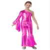 ACSUSS Kids Girls Metallic Gymnastic Leotard One Shoulder Bell-bottom Flared Jumpsuit Romper Dance Pageant Party Gown Hot Pink 10 Years view 1