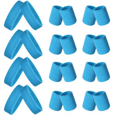 24 Pieces 80s Neon Sweatbands Set, Include 8 Sports Headbands and 16 Sweat Wristbands Elastic Athletic Tennis Sweat Bands Bulk for Man Woman(Sky Blue)