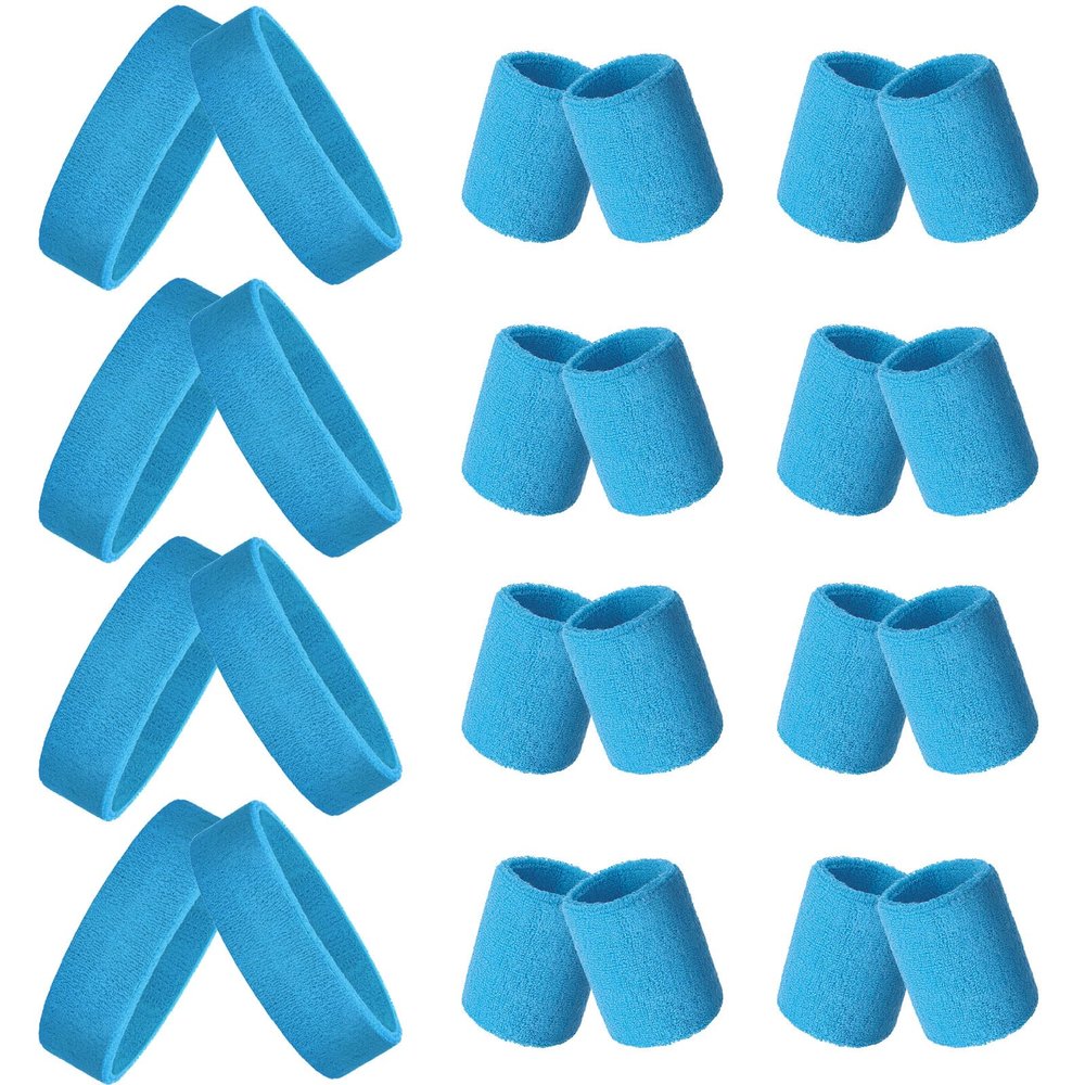 24 Pieces 80s Neon Sweatbands Set, Include 8 Sports Headbands and 16 Sweat Wristbands Elastic Athletic Tennis Sweat Bands Bulk for Man Woman(Sky Blue)