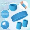 24 Pieces 80s Neon Sweatbands Set, Include 8 Sports Headbands and 16 Sweat Wristbands Elastic Athletic Tennis Sweat Bands Bulk for Man Woman(Sky Blue) view 2