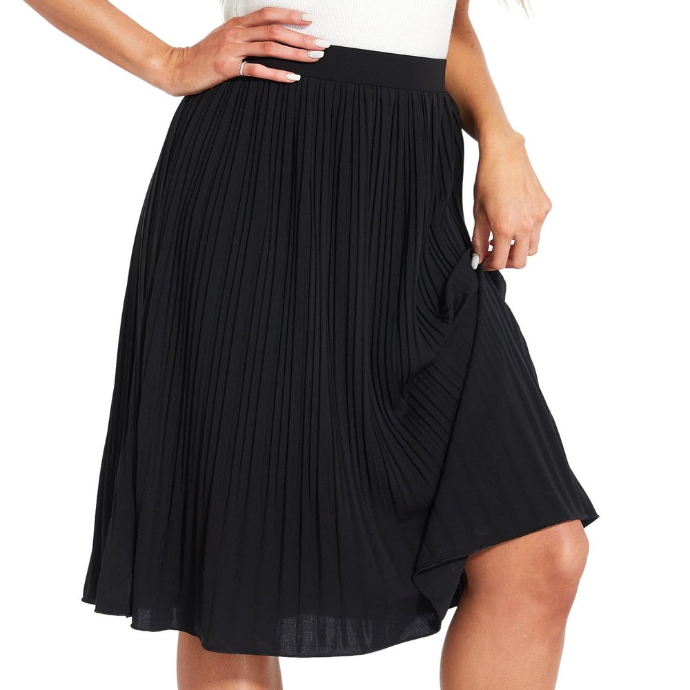 ZXIHZF Women Drapey Knitted Chiffon Pleated Midi Skirts (US, Alpha, Large, Regular, Regular, Black)