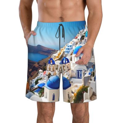 Santorini Greek Island Sea View Men's Standard Quick Dry Swim Trunk,Casual Mens Swim Trunks with Mesh Lining White
