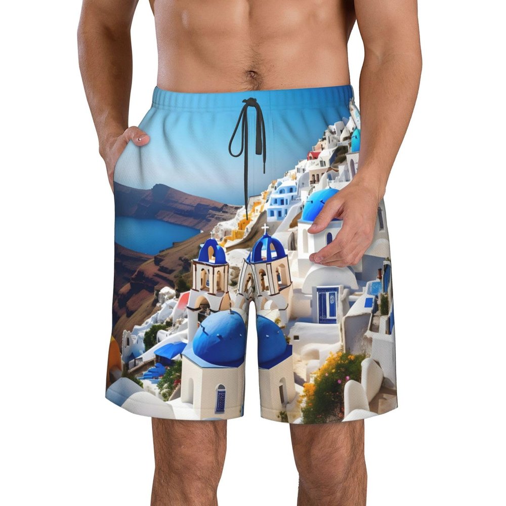 Santorini Greek Island Sea View Men's Standard Quick Dry Swim Trunk,Casual Mens Swim Trunks with Mesh Lining White