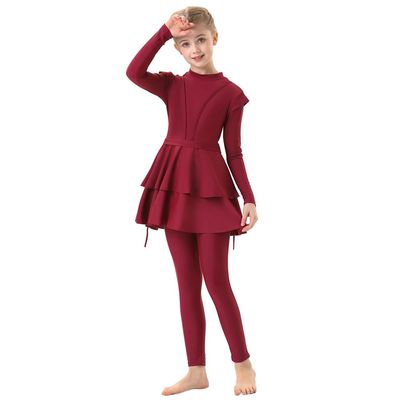 Girls Muslim Swimsuit Modest Islamic Swimwear Full Cover Hijab Top Pants 3 Pieces Bathing Suit Girls Rash Guard Swimwear Little Girls Beachwear Surfing Diving Outfits Wine Red 3pcs 9-10 Years