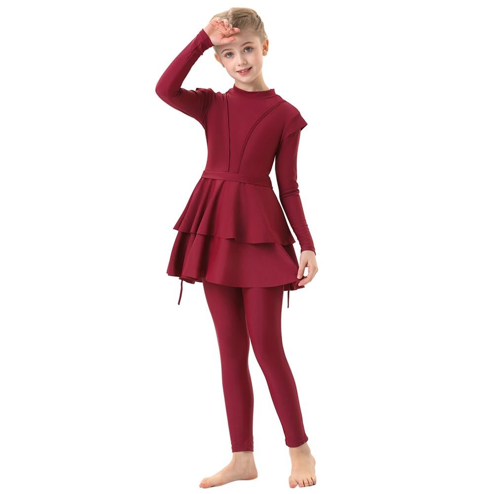 Girls Muslim Swimsuit Modest Islamic Swimwear Full Cover Hijab Top Pants 3 Pieces Bathing Suit Girls Rash Guard Swimwear Little Girls Beachwear Surfing Diving Outfits Wine Red 3pcs 9-10 Years